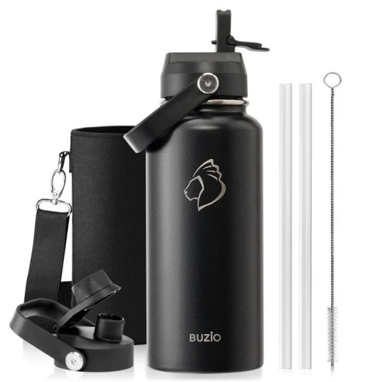 Buzio Duet Series Water Bottle with 2 Lids and Sleeve 1.2L - Black